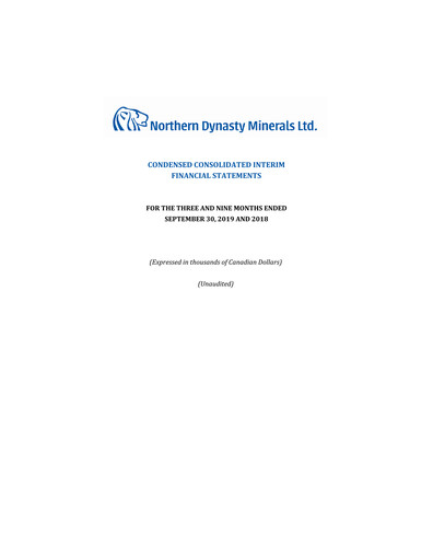 Thumbnail Northern Dynasty Minerals Quarterly Report 2019-q3