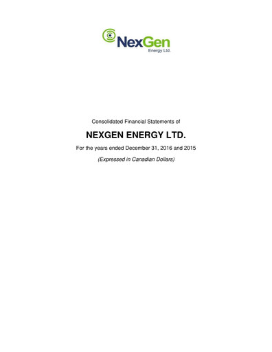 Miniature NexGen Energy
 Bilan financier 2016