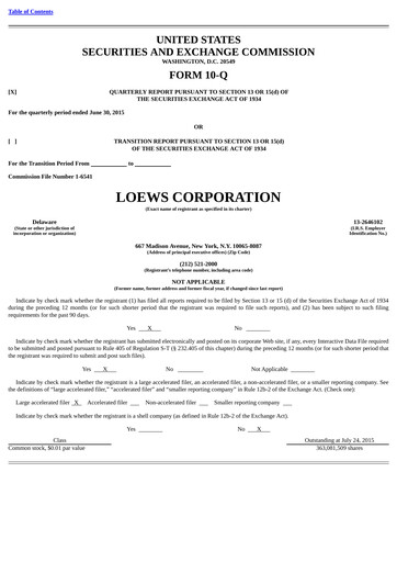 Miniature Loews Corporation
 Rapport trimestriel 2015-q2