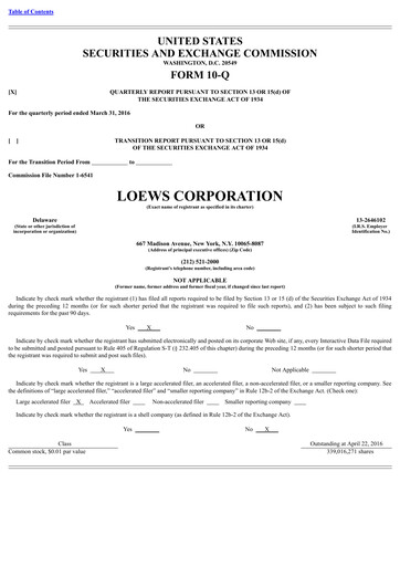 Miniature Loews Corporation
 Rapport trimestriel 2016-q1