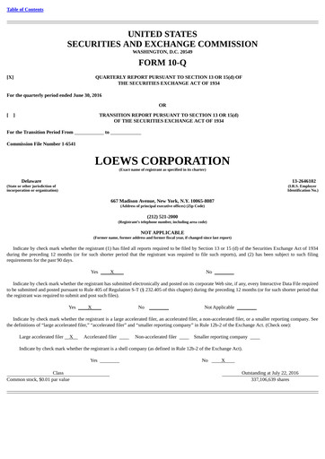 Miniature Loews Corporation
 Rapport trimestriel 2016-q2