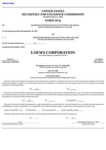 Miniature Loews Corporation
 Rapport trimestriel 2016-q3