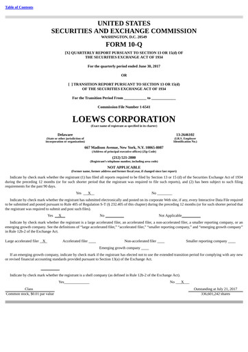 Miniature Loews Corporation
 Rapport trimestriel 2017-q2
