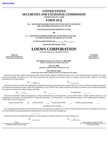 Miniature Loews Corporation
 Rapport trimestriel 2018-q1
