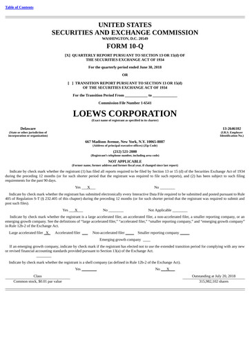 Miniature Loews Corporation
 Rapport trimestriel 2018-q2