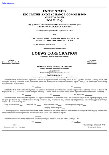 Miniature Loews Corporation
 Rapport trimestriel 2018-q3