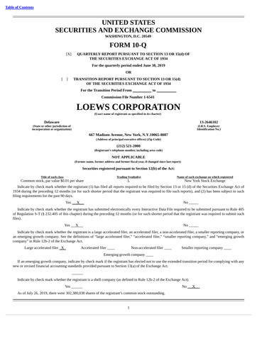 Miniature Loews Corporation
 Rapport trimestriel 2019-q2