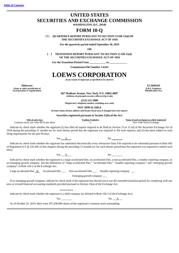 Miniature Loews Corporation
 Rapport trimestriel 2019-q3