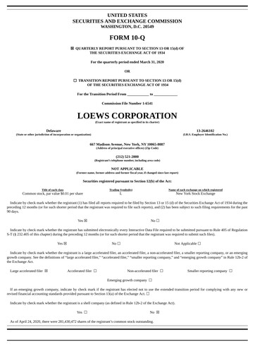 Miniature Loews Corporation
 Rapport trimestriel 2020-q1