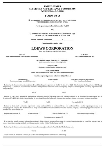 Miniature Loews Corporation
 Rapport trimestriel 2020-q3