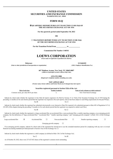 Miniature Loews Corporation
 Rapport trimestriel 2022-q3