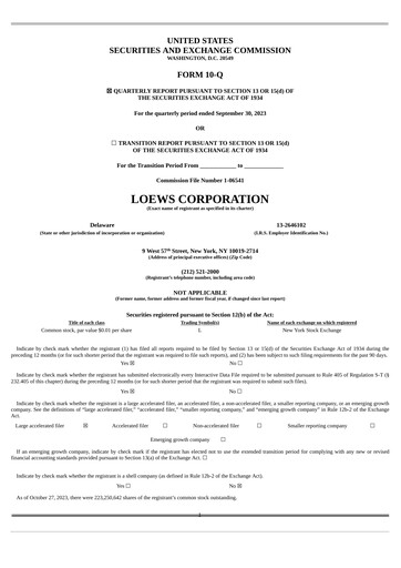 Miniature Loews Corporation
 Rapport trimestriel 2023-q3
