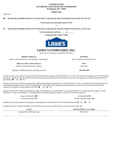 Miniature Lowe's Companies Rapport trimestriel 2016-q1