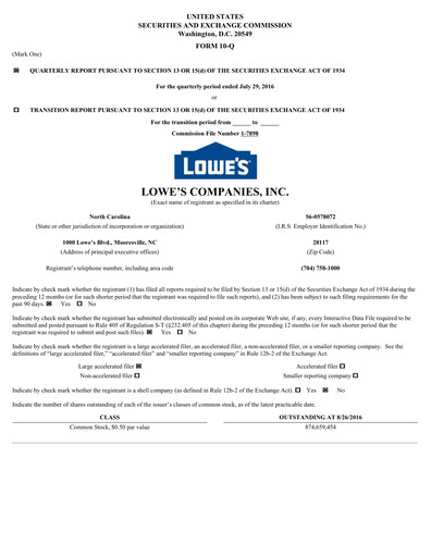 Miniature Lowe's Companies Rapport trimestriel 2016-q2
