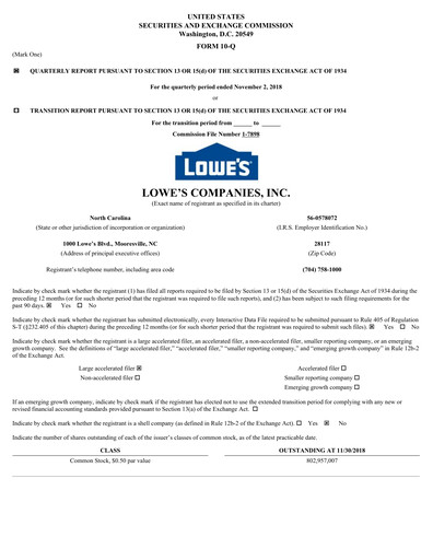 Miniature Lowe's Companies Rapport trimestriel 2018-q3