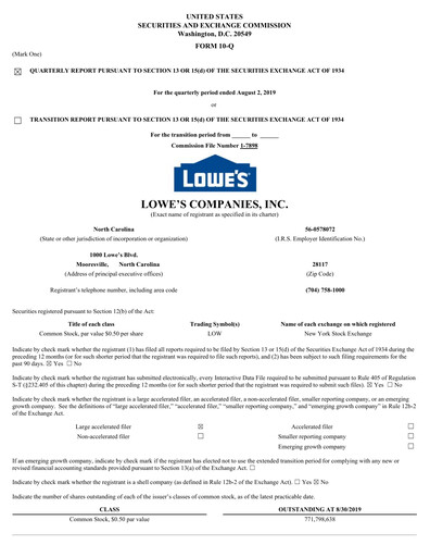 Thumbnail Lowe's Companies Quarterly Report 2019-q2