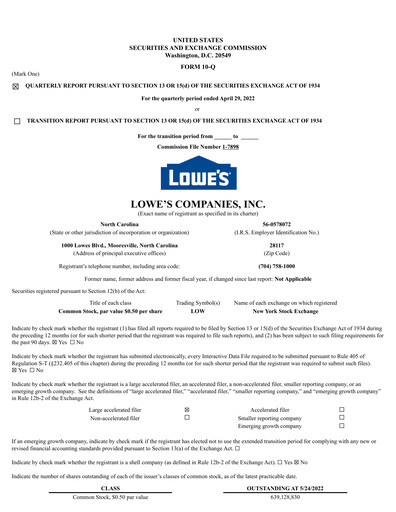 Miniature Lowe's Companies Rapport trimestriel 2022-q1