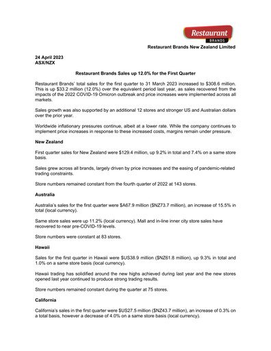 Vorschaubild Restaurant Brands New Zealand Quartalsbericht 2023-q1