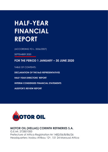 Miniature Motor Oil (Hellas) Corinth Refineries Rapport semestriel 2020