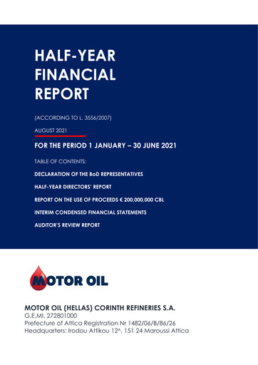 Miniature Motor Oil (Hellas) Corinth Refineries Rapport semestriel 2021