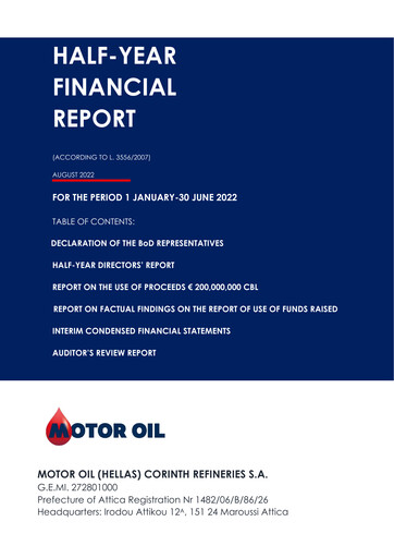 Miniature Motor Oil (Hellas) Corinth Refineries Rapport semestriel 2022