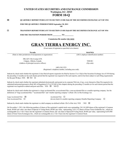 Thumbnail Gran Tierra Energy Quarterly Report 2011-q3