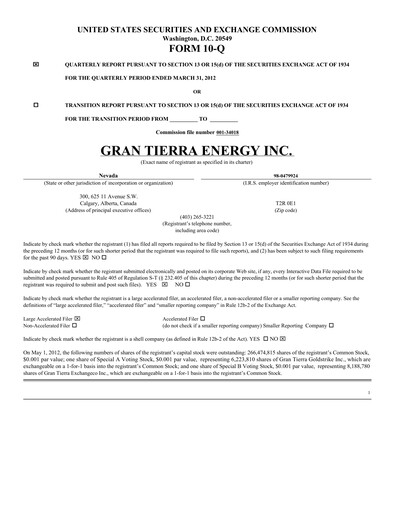 Thumbnail Gran Tierra Energy Quarterly Report 2012-q1