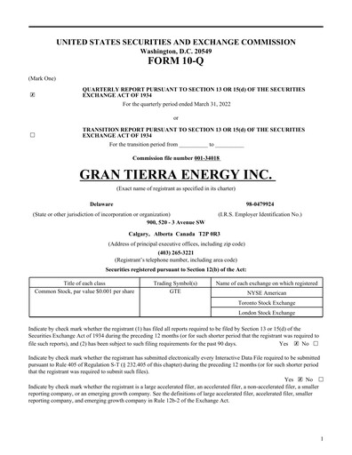 Thumbnail Gran Tierra Energy Quarterly Report 2022-q1