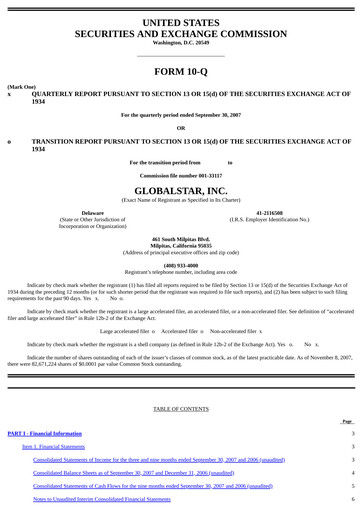 Thumbnail Globalstar
 Quarterly Report 2007-q3