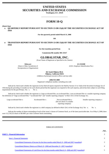 Thumbnail Globalstar
 Quarterly Report 2008-q1