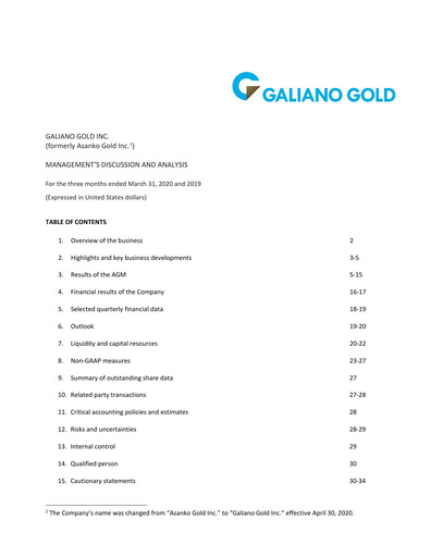 Thumbnail Galiano Gold Quarterly Report 2020-q1