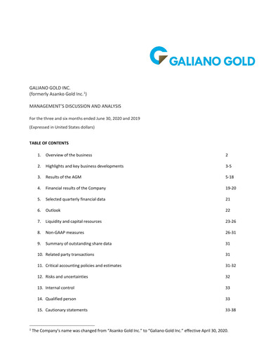 Thumbnail Galiano Gold Quarterly Report 2020-q2