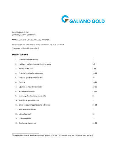 Thumbnail Galiano Gold Quarterly Report 2020-q3