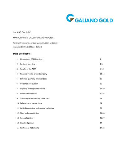 Thumbnail Galiano Gold Quarterly Report 2021-q1