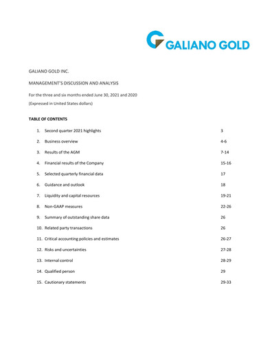 Thumbnail Galiano Gold Quarterly Report 2021-q2