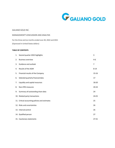 Thumbnail Galiano Gold Quarterly Report 2022-q2