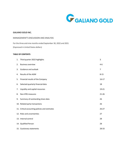 Thumbnail Galiano Gold Quarterly Report 2022-q3