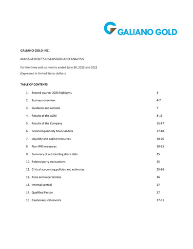 Thumbnail Galiano Gold Quarterly Report 2023-q2