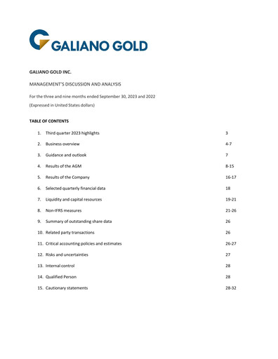 Thumbnail Galiano Gold Quarterly Report 2023-q3