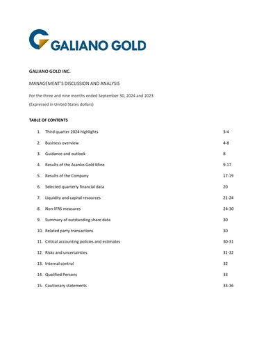 Thumbnail Galiano Gold Quarterly Report 2024-q3