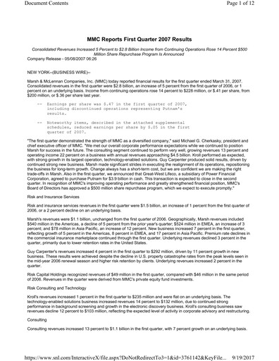 Thumbnail Marsh & McLennan Companies Quarterly Report 2007-q1