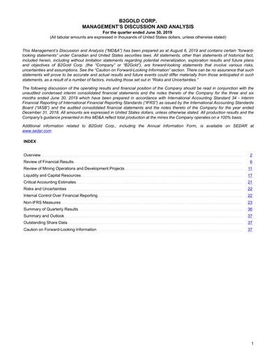 Thumbnail B2Gold
 Quarterly Report 2019-q2