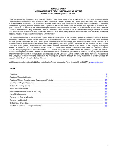 Thumbnail B2Gold
 Quarterly Report 2020-q3