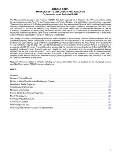 Miniature B2Gold
 Rapport trimestriel 2025-q3