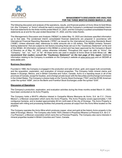 Thumbnail Avino Silver & Gold Mines
 Quarterly Report 2023-q1