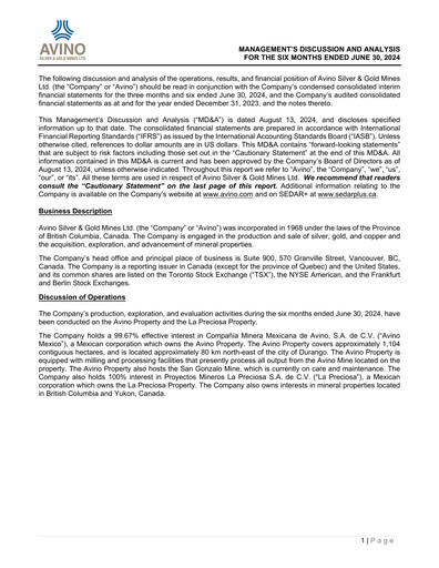 Thumbnail Avino Silver & Gold Mines
 Quarterly Report 2024-q2