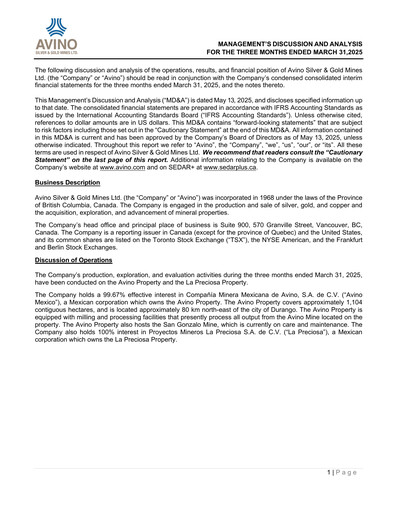 Thumbnail Avino Silver & Gold Mines
 Quarterly Report 2025-q1