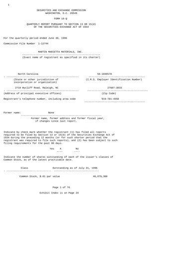 Thumbnail Martin Marietta Materials Quarterly Report 1996-q2