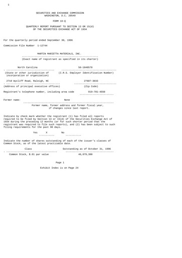 Thumbnail Martin Marietta Materials Quarterly Report 1996-q3