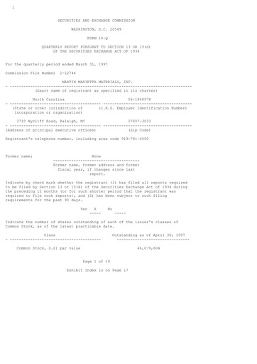 Thumbnail Martin Marietta Materials Quarterly Report 1997-q1